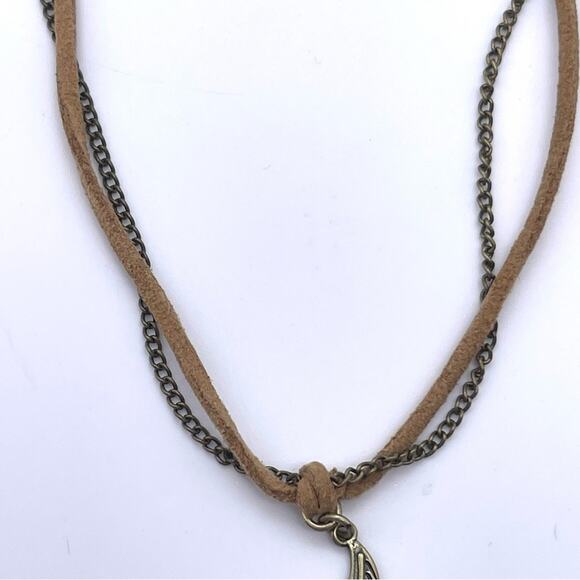 Nine West Vintage America Antiqued Gold-Tone Feather Leather Stone Necklace NWT - Picture 4 of 11